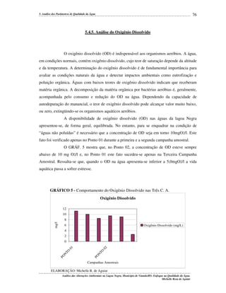 76

5. Análise dos Parâmetros de Qualidade da Água

5.4.5. Análise do Oxigênio Dissolvido

O oxigênio dissolvido (OD) é indispensável aos organismos aeróbios. A água,
em condições normais, contém oxigênio dissolvido, cujo teor de saturação depende da altitude
e da temperatura. A determinação do oxigênio dissolvido é de fundamental importância para
avaliar as condições naturais da água e detectar impactos ambientais como eutrofização e
poluição orgânica. Águas com baixos teores de oxigênio dissolvido indicam que receberam
matéria orgânica. A decomposição da matéria orgânica por bactérias aeróbias é, geralmente,
acompanhada pelo consumo e redução do OD na água. Dependendo da capacidade de
autodepuração do manancial, o teor de oxigênio dissolvido pode alcançar valor muito baixo,
ou zero, extingüindo-se os organismos aquáticos aeróbios.
A disponibilidade de oxigênio dissolvido (OD) nas águas da lagoa Negra
apresentou-se, de forma geral, equilibrada. No entanto, para se enquadrar na condição de
“águas não poluídas” é necessário que a concentração de OD seja em torno 10mgO2/l. Este
fato foi verificado apenas no Ponto 01 durante a primeira e a segunda campanha amostral.
O GRÁF. 5 mostra que, no Ponto 02, a concentração de OD esteve sempre
abaixo de 10 mg O2/l e, no Ponto 01 este fato sucedeu-se apenas na Terceira Campanha
Amostral. Ressalta-se que, quando o OD na água apresenta-se inferior a 5,0mgO2/l a vida
aquática passa a sofrer estresse.

GRÁFICO 5 - Comportamento do Oxigênio Dissolvido nas Três C. A.
Oxigênio Dissolvido
12
10
mg/l

8
6

Oxigênio Dissolvido (mg/L)

4
2

TO
PO
N

PO
N

TO

01

02

0

Campanhas Amostrais

ELABORAÇÃO: Michelle R. de Aguiar
Análise das Alterações Ambientais na Lagoa Negra, Município de Viamão/RS: Enfoque na Qualidade da Água.
Michelle Rosa de Aguiar

 