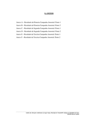 8. ANEXOS

Anexo A – Resultado da Primeira Campanha Amostral: Ponto 1
Anexo B – Resultado da Primeira Campanha Amostral: Ponto 2
Anexo C – Resultado da Segunda Campanha Amostral: Ponto 1
Anexo D – Resultado da Segunda Campanha Amostral: Ponto 2
Anexo E – Resultado da Terceira Campanha Amostral: Ponto 1
Anexo F – Resultado da Terceira Campanha Amostral: Ponto 2

Análise das Alterações Ambientais na Lagoa Negra, Município de Viamão/RS: Enfoque na Qualidade da Água.
Michelle Rosa de Aguiar

 