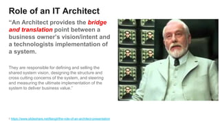 3
Role of an IT Architect
“An Architect provides the bridge
and translation point between a
business owner’s vision/intent and
a technologists implementation of
a system.
They are responsible for defining and selling the
shared system vision, designing the structure and
cross cutting concerns of the system, and steering
and measuring the ultimate implementation of the
system to deliver business value.”
https://www.slideshare.net/llangit/the-role-of-an-architect-presentation
 