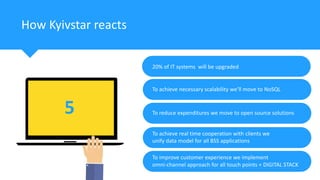 20% of IT systems will be upgraded
How Kyivstar reacts
To achieve necessary scalability we’ll move to NoSQL
To reduce expe...