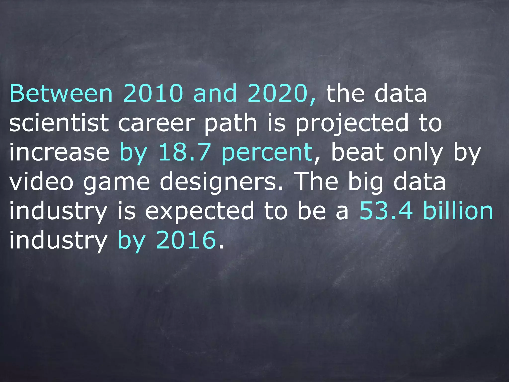 Between 2010 and 2020, the data 
scientist career path is projected to 
increase by 18.7 percent, beat only by 
video game designers. The big data 
industry is expected to be a 53.4 billion 
industry by 2016. 
 