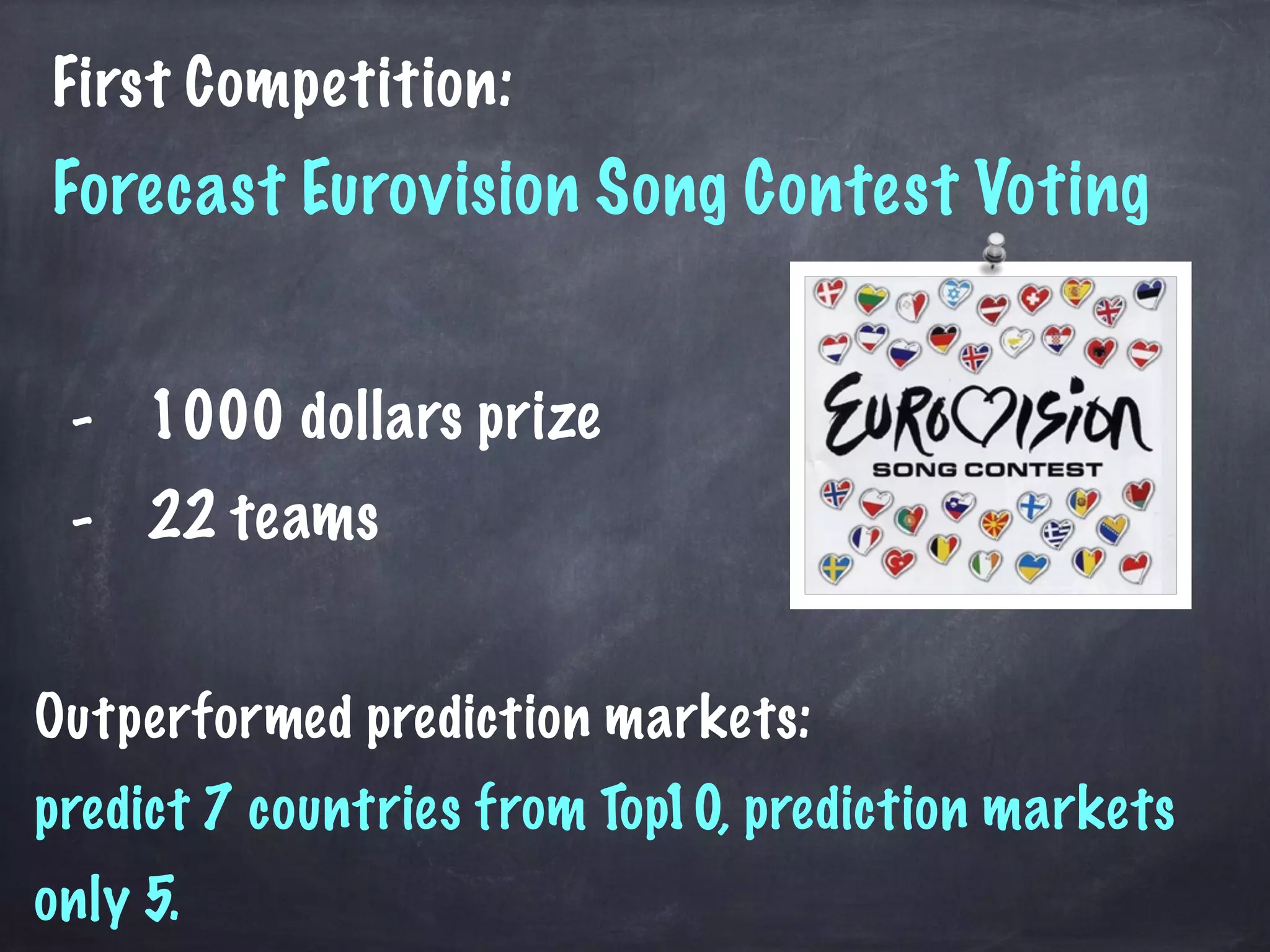 First Competition: 
Forecast Eurovision Song Contest Voting 
! 
! 
- 1000 dollars prize 
- 22 teams 
Outperformed prediction markets: 
predict 7 countries from Top10, prediction markets 
only 5. 
 