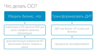 Что делать CIO?
Убедить бизнес, что:
инвестиции в ИТ увеличат ROI для
всего портфеля проектов
организации
децентрализация управления ИТ
увеличивает бизнес затраты и
риски
Трансформировать ДИТ
ДИТ как бизнес: ИТ услуги для
бизнеса
прозрачное ценообразование
 