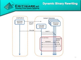 CHIZPURFLE TARGET PROCESS
INSTRUM.
MODULE
STALKER
SERVER
PROCESS
THREAD
DYN LIB
INJECT
FOLLOW
INJECT
for each block
REWRITE
BLOCK
ADDRESS
 