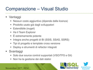 #sqlsatParma 
Comparazione – Visual Studio 
 Vantaggi 
 Nessun costo aggiuntivo (dipende dalla licenza) 
 Prodotto usat...