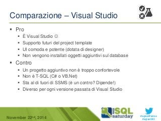 #sqlsatParma 
Comparazione – Visual Studio 
 Pro 
 È Visual Studio  
 Supporto futuri del project template 
 UI comoda e potente (dotata di designer) 
 Non vengono installati oggetti aggiuntivi sul database 
 Contro 
 Un progetto aggiuntivo non è troppo confortevole 
 Non è T-SQL (C# o VB.Net) 
 Sta al di fuori di SSMS (è un contro? Dipende!) 
 Diverso per ogni versione passata di Visual Studio 
November 22 #sqlsat355 nd, 2014 
 