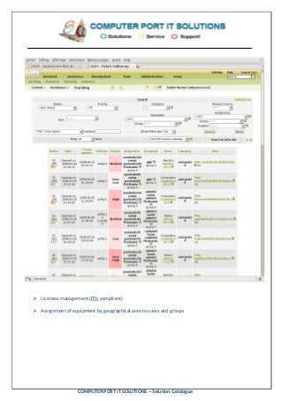 COMPUTER PORT IT SOLUTIONS – Solution Catalogue
 Licenses management (ITIL compliant)
 Assignment of equipment by geographical area to users and groups
 