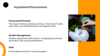Acquisition/Procurement
Procurement Process
This stage involves purchasing, leasing, or licensing IT assets
with a focus on cost-effectiveness and support terms.
Vendor Management
Involves negotiations with vendors, managing procurement
documents, and securing agreements.
Goal
Ensure optimal terms for cost and support.
 