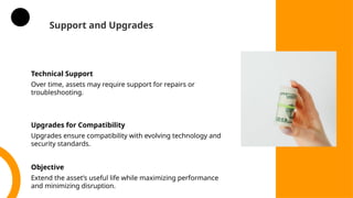 Support and Upgrades
Technical Support
Over time, assets may require support for repairs or
troubleshooting.
Upgrades for Compatibility
Upgrades ensure compatibility with evolving technology and
security standards.
Objective
Extend the asset’s useful life while maximizing performance
and minimizing disruption.
 