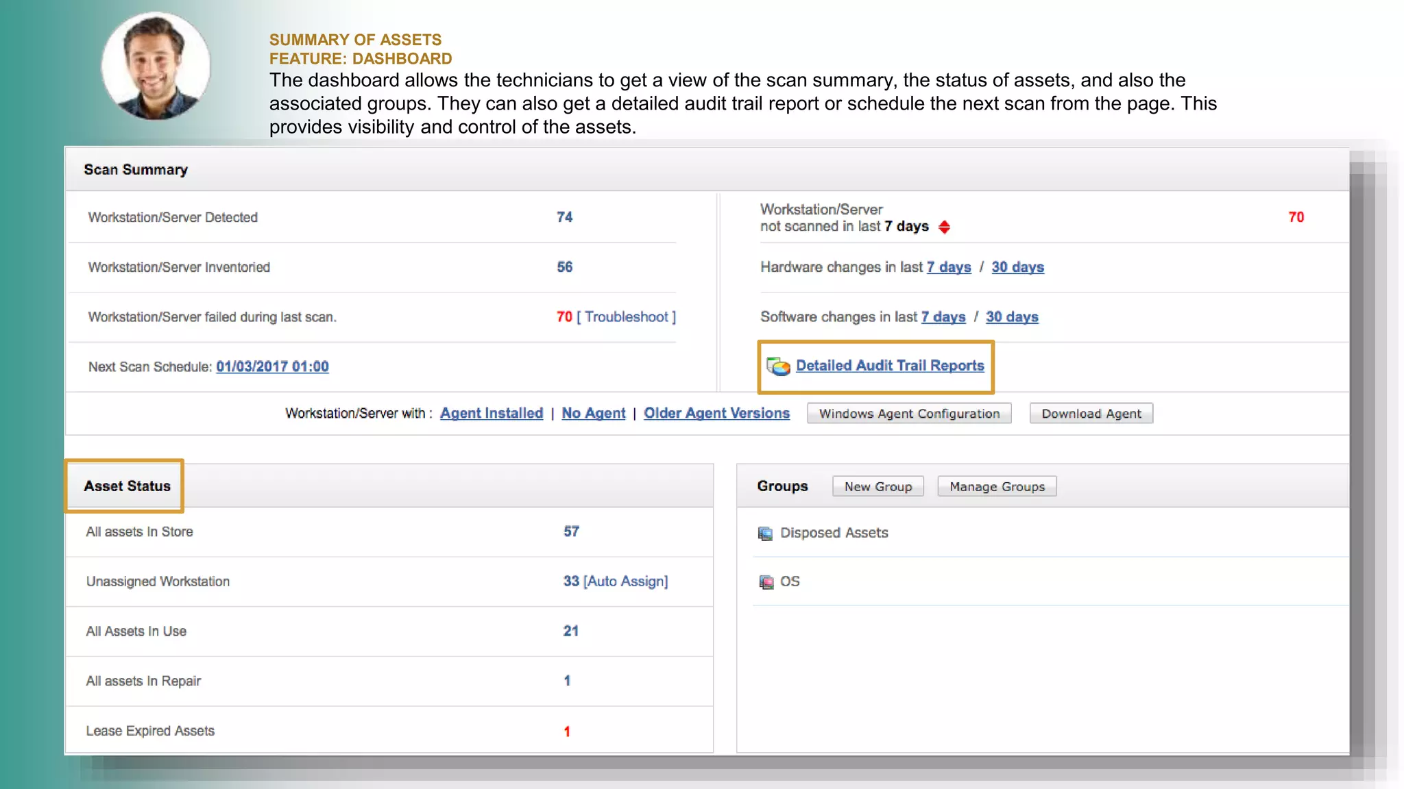 SUMMARY OF ASSETS
FEATURE: DASHBOARD
The dashboard allows the technicians to get a view of the scan summary, the status of assets, and also the
associated groups. They can also get a detailed audit trail report or schedule the next scan from the page. This
provides visibility and control of the assets.
 