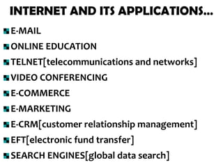 INTERNET AND ITS APPLICATIONS…
E-MAIL
ONLINE EDUCATION

TELNET[telecommunications and networks]
VIDEO CONFERENCING
E-COMMERCE
E-MARKETING
E-CRM[customer relationship management]

EFT[electronic fund transfer]
SEARCH ENGINES[global data search]

 