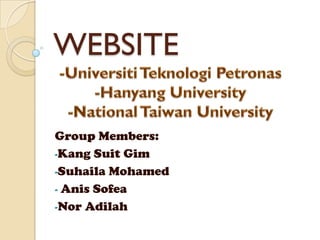 WEBSITE

Group Members:
-Kang Suit Gim
-Suhaila Mohamed
- Anis Sofea
-Nor Adilah
 