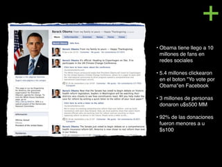+
• Obama tiene llego a 10
  millones de fans en
  redes sociales

• 5.4 millones clickearon
  en el boton "Yo vote por
  Obama"en Facebook

• 3 millones de personas
  donaron u$s500 MM

• 92% de las donaciones
  fueron menores a u
  $s100
 