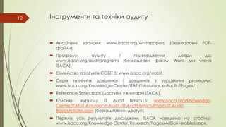 Інструменти та техніки аудиту
 Аналітичні записки: www.isaca.org/whitepapers (безкоштовні PDF-
файли).
 Програми аудиту / підтвердження довіри до:
www.isaca.org/auditprograms (безкоштовні файли Word для членів
ISACA).
 Сімейство продуктів COBIT 5: www.isaca.org/cobit.
 Серія технічних довідників і довідників з управління ризиками:
www.isaca.org/Knowledge-Center/ITAF-IT-Assurance-Audit-/Pages/
 Reference-Series.aspx (доступні у книгарні ISACA).
 Колонки журналу IT Audit Basics15: www.isaca.org/Knowledge-
Center/ITAF-IT-Assurance-Audit-/IT-Audit-Basics/Pages/IT-Audit-
BasicsArticles.aspx (безкоштовний доступ).
 Перелік усіх результатів досліджень ISACA наведено на сторінці:
www.isaca.org/Knowledge-Center/Research/Pages/AllDeliverables.aspx.
12
 