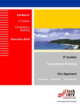 Techserv

      IT Auditor

   Competency
      Building


Executive Brief




                                            IT Auditor

                           Competency Building


                                    Our Approach
                   Classroom . Mentoring . Assessments




                                    “Promoting Systems Integrity”
 
