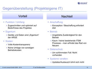 Gegenüberstellung (Projekteigene IT)
Vorteil

Nachteil

 Funktion / Umfang

 Anschaffung

 Zugeschnitten und optimiert auf
Bedürfnisse des Projektes

 Eigentum

 Konzeption / Beschaffung erfordert
Zeit

 Betrieb

 Geräte und Daten sind „Eigentum“
der ARGE

 Ungeklärte Zuständigkeit für den
Betrieb
 Kaum / keine bestehende ITSM
Prozesse – man erfindet das Rad von
Neuem

 Kosten
 Volle Kostentransparenz
 Keine Umlage von sonstigen
Betriebskosten

 Datenschutz
 Um schlimmsten Fall: Nicht
vorhanden

 Systeme veralten
 Updates/Austausch lohnt sich nicht
© mmi consult GmbH 2005 - 2014

IT auf Großbaustellen

10

 