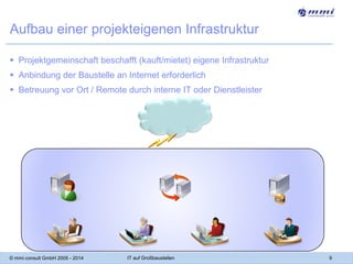 Aufbau einer projekteigenen Infrastruktur
 Projektgemeinschaft beschafft (kauft/mietet) eigene Infrastruktur
 Anbindung der Baustelle an Internet erforderlich
 Betreuung vor Ort / Remote durch interne IT oder Dienstleister

© mmi consult GmbH 2005 - 2014

IT auf Großbaustellen

9

 