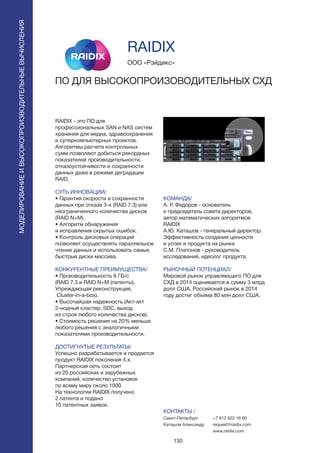 130
RAIDIX - это ПО для
профессиональных SAN и NAS систем
хранения для медиа, здравоохранения
и суперкомпьютерных проектов.
Aлгоритмы расчета контрольных
сумм позволяют добиться рекордных
показателей производительности,
отказоустойчивости и сохранности
данных даже в режиме деградации
RAID.
СУТЬ ИННОВАЦИИ/
• Гарантия скорости и сохранности
данных при отказе 3-х (RAID 7.3) или
неограниченного количества дисков
(RAID N+M).
• Алгоритм обнаружения
и исправления скрытых ошибок.
• Контроль дисковых операций
позволяет осуществлять параллельное
чтение данных и использовать самые
быстрые диски массива.
КОНКУРЕНТНЫЕ ПРЕИМУЩЕСТВА/
• Производительность 8 ГБ/c
(RAID 7.3 и RAID N+M (патенты),
Упреждающая реконструкция,
Cluster-in-a-box).
• Высочайшая надежность (Акт-акт
2-нодный кластер, SDC, выход
из строя любого количества дисков).
• Стоимость решения на 20% меньше
любого решения с аналогичными
показателями производительности.
ДОСТИГНУТЫЕ РЕЗУЛЬТАТЫ/
Успешно разрабатывается и продается
продукт RAIDIX поколения 4.х.
Партнерская сеть состоит
из 20 российских и зарубежных
компаний, количество установок
по всему миру около 1000.
На технологии RAIDIX получено
2 патента и подано
10 патентных заявок.
ООО «Рэйдикс»
ПО ДЛЯ ВЫСОКОПРОИЗОВОДИТЕЛЬНЫХ СХД
КОМАНДА/
А. Р. Федоров - основатель
и председатель совета директоров,
автор математических алгоритмов
RAIDIX
А.Ю. Каташов - генеральный директор.
Эффективность создания ценности
и успех и продукта на рынке
С.М. Платонов - руководитель
исследований, идеолог продукта.
РЫНОЧНЫЙ ПОТЕНЦИАЛ/
Мировой рынок управляющего ПО для
СХД в 2014 оценивается в сумму 3 млрд
долл США. Российский рынок в 2014
году достиг объема 80 млн долл США.
КОНТАКТЫ /
Санкт-Петербург
Каташов Александр
RAIDIX
МОДЕЛИРОВАНИЕИВЫСОКОПРОИЗВОДИТЕЛЬНЫЕВЫЧИСЛЕНИЯ
+7 812 622 16 80
request@raidix.com
www.raidix.com
 