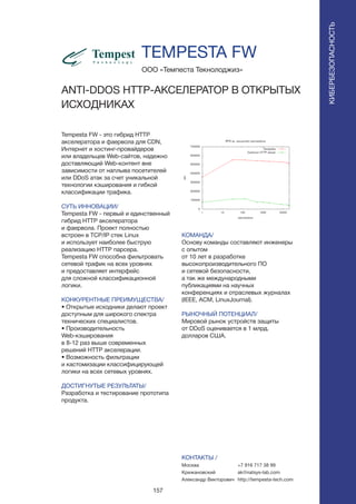 157
Tempesta FW - это гибрид HTTP
акселератора и фаервола для CDN,
Интернет и хостинг-провайдеров
или владельцев Web-сайтов, надежно
доставляющий Web-контент вне
зависимости от наплыва посетителей
или DDoS атак за счет уникальной
технологии кэширования и гибкой
классификации трафика.
СУТЬ ИННОВАЦИИ/
Tempesta FW - первый и единственный
гибрид HTTP акселератора
и фаервола. Проект полностью
встроен в TCP/IP стек Linux
и использует наиболее быструю
реализацию HTTP парсера.
Tempesta FW способна фильтровать
сетевой трафик на всех уровнях
и предоставляет интерфейс
для сложной классификационной
логики.
КОНКУРЕНТНЫЕ ПРЕИМУЩЕСТВА/
• Открытые исходники делают проект
доступным для широкого спектра
технических специалистов.
• Производительность
Web-кэширования
в 8-12 раз выше современных
решений HTTP акселерации.
• Возможность фильтрации
и кастомизации классифицирующей
логики на всех сетевых уровнях.
ДОСТИГНУТЫЕ РЕЗУЛЬТАТЫ/
Разработка и тестирование прототипа
продукта.
ООО «Темпеста Текнолоджиз»
ANTI-DDOS HTTP-АКСЕЛЕРАТОР В ОТКРЫТЫХ
ИСХОДНИКАХ
КОМАНДА/
Основу команды составляют инженеры
с опытом
от 10 лет в разработке
высокопроизводительного ПО
и сетевой безопасности,
а так же международными
публикациями на научных
конференциях и отраслевых журналах
(IEEE, ACM, LinuxJournal).
РЫНОЧНЫЙ ПОТЕНЦИАЛ/
Мировой рынок устройств защиты
от DDoS оценивается в 1 млрд.
долларов США.
КОНТАКТЫ /
Москва
Крижановский
Александр Викторович
TEMPESTA FW
КИБЕРБЕЗОПАСНОСТЬ
+7 916 717 38 99
ak@natsys-lab.com
http://tempesta-tech.com
 
