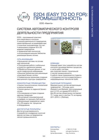 191
E2D4 (EASY TO DO FOR):
ПРОМЫШЛЕННОСТЬ
E2D4 – программный комплекс
для оперативного контроля
и анализа деятельности предприятия,
ориентированный на взаимодействие
с конечным пользователем, за счет:
• механизмов создания 3D и 2D
моделей предприятия;
• применения веб-технологий;
• использования внешних библиотек
реализации бизнес-логики.
СУТЬ ИННОВАЦИИ/
• Функционал системы на основе
web-технологий.
• Полноценная работа с мобильных
устройств в удаленном режиме.
• Обработка больших данных, в том
числе графической информации.
• Внешние библиотеки для реализации
отраслевой бизнес-логики.
• Универсальные механизмы создания
виртуальной структуры предприятия.
КОНКУРЕНТНЫЕ ПРЕИМУЩЕСТВА/
• Анализ технологических показателей
в реальном времени.
• Анализ данных по заданной бизнес-
логике.
• Отслеживание истории создания
единицы продукции.
• Интуитивный пользовательский
интерфейс по принципу Self-service;
• Визуализация предприятия через
2D и 3D модели тех. процессов
и оборудования.
ДОСТИГНУТЫЕ РЕЗУЛЬТАТЫ/
Достигнута договоренность
о разработке и внедрении пилотной
версии системы на предприятии
лесной промышленности.
ООО «Квинта»
СИСТЕМА АВТОМАТИЧЕСКОГО КОНТРОЛЯ
ДЕЯТЕЛЬНОСТИ ПРЕДПРИЯТИЯ
технологии и системы контроля
КОМАНДА/
Команда имеет опыт разработки систем
контроля производственных процессов,
в числе работ системы
для отраслей горной, строительной
и лесной промышленности.
К работе также привлекаются студенты
и сотрудники института радиотехники и
информационных технологий УрФУ.
РЫНОЧНЫЙ ПОТЕНЦИАЛ/
Мировой рынок систем автоматизации
предприятий - 150 млрд. долл.
(Research and Markets), прогнозируемый
рост 8.15% на период 2013-2018 г.г.
Для BI-систем объем рынка составляет
17,1 млрд. долл с ростом 7% на период
2011-2016 г.г. (TAdviser).
КОНТАКТЫ /
Екатеринбург
Круглов
Артем Васильевич
BIGDATA,КОРПОРАТИВНОЕПО
BIGDATA,КОРПОРАТИВНОЕПО
+7 982 615 76 66
avkruglov@yandex.ru
http://kvinta.bz
 