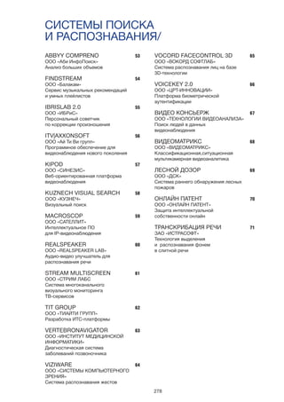278
ABBYY COMPRENO
ООО «Аби ИнфоПоиск»
Анализ больших объемов
FINDSTREAM
ООО «Балакам»
Сервис музыкальных рекомендаций
и умных плейлистов
IBRISLAB 2.0
ООО «ИБРиС»
Персональный советчик
по коррекции произношения
ITV|AXXONSOFT
ООО «Ай Ти Ви групп»
Программное обеспечение для
видеонаблюдения нового поколения
KIPOD
ООО «СИНЕЗИС»
Веб-ориентированная платформа
видеонаблюдения
KUZNECH VISUAL SEARCH
OOO «КУЗНЕЧ»
Визуальный поиск
MACROSCOP
ООО «САТЕЛЛИТ»
Интеллектуальное ПО
для IP-видеонаблюдения
REALSPEAKER
ООО «REALSPEAKER LAB»
Аудио-видео улучшатель для
распознавания речи
STREAM MULTISCREEN
ООО «СТРИМ ЛАБС
Система многоканального
визуального мониторинга
ТВ-сервисов
TIT GROUP
ООО «ТИАЙТИ ГРУПП»
Разработка ИТС-платформы
VERTEBRONAVIGATOR
ООО «ИНСТИТУТ МЕДИЦИНСКОЙ
ИНФОРМАТИКИ»
Диагностическая система
заболеваний позвоночника
VIZIWARE
ООО «СИСТЕМЫ КОМПЬЮТЕРНОГО
ЗРЕНИЯ»
Система распознавания жестов
VOCORD FACECONTROL 3D
ООО «ВОКОРД СОФТЛАБ»
Система распознавания лиц на базе
3D-технологии
VOICEKEY 2.0
ООО «ЦРТ-ИННОВАЦИИ»
Платформа биометрической
аутентификации
ВИДЕО КОНСЬЕРЖ
ООО «ТЕХНОЛОГИИ ВИДЕОАНАЛИЗА»
Поиск людей в данных
видеонаблюдения
ВИДЕОМАТРИКС
ООО «ВИДЕОМАТРИКС»
Классификационная,ситуационная
мультикамерная видеоаналитика
ЛЕСНОЙ ДОЗОР
ООО «ДСК»
Cистема раннего обнаружения лесных
пожаров
ОНЛАЙН ПАТЕНТ
ООО «ОНЛАЙН ПАТЕНТ»
Защита интеллектуальной
собственности онлайн
ТРАНСКРИБАЦИЯ РЕЧИ
ЗАО «ИСТРАСОФТ»
Технология выделения
и распознавания фонем
в слитной речи
СИСТЕМЫ ПОИСКА
И РАСПОЗНАВАНИЯ/
53
54
55
56
57
58
59
60
61
62
63
64
65
66
67
68
69
70
71
 