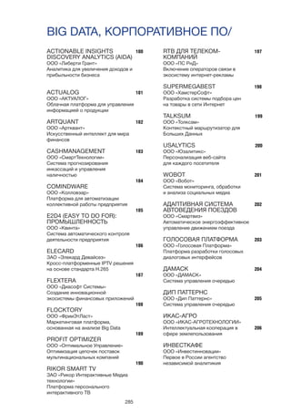 285
ACTIONABLE INSIGHTS
DISCOVERY ANALYTICS (AIDA)
ООО «Либерти Грант»
Аналитика для увеличения доходов и
прибыльности бизнеса
ACTUALOG
ООО «АКТУАЛОГ»
Облачная платформа для управления
информацией о продукции
ARTQUANT
ООО «Артквант»
Искусственный интеллект для мира
финансов
CASHMANAGEMENT
ООО «СмартТехнологии»
Система прогнозирования
инкассаций и управления
наличностью
COMINDWARE
ООО «Колловэар»
Платформа для автоматизации
коллективной работы предприятия
E2D4 (EASY TO DO FOR):
ПРОМЫШЛЕННОСТЬ
ООО «Квинта»
Система автоматического контроля
деятельности предприятия
ELECARD
ЗАО «Элекард Девайсез»
Кросс-платформенные IPTV решения
на основе стандарта H.265
FLEXTERA
ООО «Диасофт Системы»
Создание инновационной
экосистемы финансовых приложений
FLOCKTORY
ООО «ФрииЭтЛаст»
Маркетинговая платформа,
основанная на анализе Big Data
PROFIT OPTIMIZER
ООО «Оптимальное Управление»
Оптимизация цепочек поставок
мультинациональных компаний
RIKOR SMART TV
ЗАО «Рикор Интерактивные Медиа
технологии»
Платформа персонального
интерактивного ТВ
BIG DATA, КОРПОРАТИВНОЕ ПО/
180
181
182
183
184
185
186
187
188
189
190
197
198
199
200
201
202
203
204
205
206
RTB ДЛЯ ТЕЛЕКОМ-
КОМПАНИЙ
ООО «ПС РнД»
Включение операторов связи в
экосистему интернет-рекламы
SUPERMEGABEST
ООО «ХамстерСофт»
Разработка системы подбора цен
на товары в сети Интернет
TALKSUM
ООО «Толксам»
Контекстный маршрутизатор для
Больших Данных
USALYTICS
ООО «Юзалитикс»
Персонализация веб-сайта
для каждого посетителя
WOBOT
ООО «Вобот»
Система мониторинга, обработки
и анализа социальных медиа
АДАПТИВНАЯ СИСТЕМА
АВТОВЕДЕНИЯ ПОЕЗДОВ
ООО «Смартвиз»
Автоматическое энергоэффективное
управление движением поезда
ГОЛОСОВАЯ ПЛАТФОРМА
ООО «Голосовая Платформа»
Платформа разработки голосовых
диалоговых интерфейсов
ДАМАСК
ООО «ДАМАСК»
Система управления очередью
ДИП ПАТТЕРНС
ООО «Дип Паттернс»
Система управления очередью
ИКАС-АГРО
ООО «ИКАС-АГРОТЕХНОЛОГИИ»
Интеллектуальная кооперация в
сфере землепользования
ИНВЕСТКАФЕ
ООО «Инвестинновации»
Первое в России агентство
независимой аналитикия
 