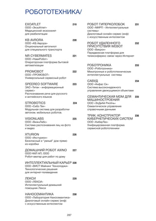 287
EXOATLET
ООО «ЭкзоАтлет»
Медицинский экзоскелет
для реабилитации
KB AVRORA
ООО «КБ Аврора»
Опциональный автопилот
для специального транспорта
NR CYBERMATES
ООО «НавиРобот»
Операторская платформа бытовой
автоматизации
PROMOBOT
ООО «ПРОМОБОТ»
Универсальный сервисный робот
SPEEREO SOFTWARE
ЗАО «Титан - информационный
сервис»
Распознавание речи для русского
и английского языков
STROBOTICS
ООО «Сибо Тек»
Модульная система для разработки
автоном. мобильных роботов.
VISIONLABS
ООО «ВижнЛабс»
Система распознавания лиц на фото
и видео
XTURION
ООО «Икстурион»
Безопасный и “умный” дом прямо
из коробки
ДОМАШНИЙ РОБОТ AXINO
ООО НИЛ АП, ООО
Робот-аватар для работ по дому
ИНТЕЛЛЕКТУАЛЬНЫЙ КАРЬЕР
ООО «ВИСТ Майнинг Технолоджи»
Технологические решения
для интернет-телевидения
ЛЕКСИ
ООО «ЛЕКСИ»
Интеллектуальный домашний
помощник Лекси
НАНОСЕМАНТИКА
ООО «Лаборатория Наносемантика»
Диалоговый онлайн-сервис (инф)
с искусственным интеллектом
РОБОТОТЕХНИКА/
219
220
221
222
223
224
225
226
227
228
229
230
231
232
233
234
235
236
РОБОТ ГИПЕРКОЛОБОК
ООО «МИРП - Интеллектуальные
системы»
Диалоговый онлайн-сервис (инф)
с искусственным интеллектом
РОБОТ УДАЛЕННОГО
ПРИСУТСТВИЯ WEBOT
ООО «Викрон»
Передвижная платформа для
телеконференс связи через Интернет
РОБОТРОНИКА
ООО «Роботроника»
Мехатронные и робототехнические
интеллектуальные системы
САВУД
ООО «Анфас Ск»
Система высоконадежного
управления движущимися объектами
СЕМАНТИЧЕСКАЯ MDM ДЛЯ
МАШИНОСТРОЕНИЯ
ООО «ЭсДиАй Рисёчь»
Семантическое управление
справочными данными
ТРИК: КОНСТРУКТОР
КИБЕРНЕТИЧЕСКИХ СИСТЕМ
ООО «КиберТех»
Унифицированная платформа
сервисной робототехники
 