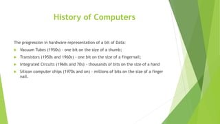 History of Computers
The progression in hardware representation of a bit of Data:
 Vacuum Tubes (1950s) - one bit on the size of a thumb;
 Transistors (1950s and 1960s) - one bit on the size of a fingernail;
 Integrated Circuits (1960s and 70s) - thousands of bits on the size of a hand
 Silicon computer chips (1970s and on) - millions of bits on the size of a finger
nail.
 
