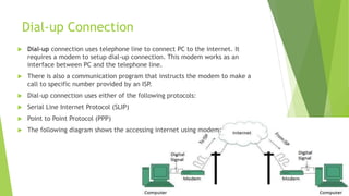 Dial-up Connection
 Dial-up connection uses telephone line to connect PC to the internet. It
requires a modem to setup dial-up connection. This modem works as an
interface between PC and the telephone line.
 There is also a communication program that instructs the modem to make a
call to specific number provided by an ISP.
 Dial-up connection uses either of the following protocols:
 Serial Line Internet Protocol (SLIP)
 Point to Point Protocol (PPP)
 The following diagram shows the accessing internet using modem:
 