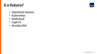 Itaú Unibanco | 2018
E o futuro?
• OpenStack Queens
• Kubernetes
• Multicloud
• Ceph FS
• Revisão SDN
 