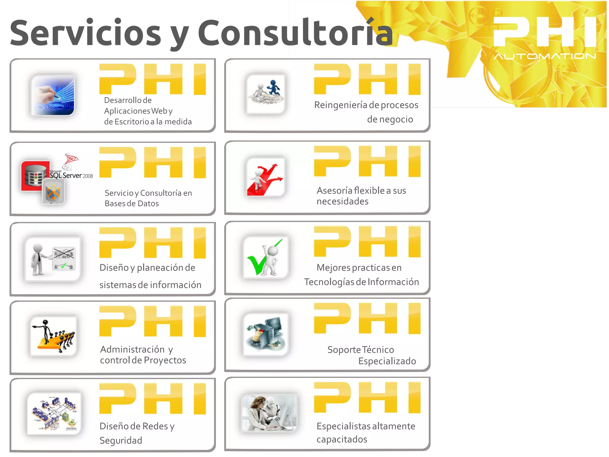 Servicios y Consultoría
      Desarrollo de
                                    Reingeniería de procesos
      Aplicaciones Web y
      de Escritorio a la medida                 de negocio




      Servicio y Consultoría en     Asesoría ﬂexible a sus
      Bases de Datos                necesidades




     Diseño y planeación de          Mejores practicas en
     sistemas de información      Tecnologías de Información




     Administración y                  Soporte Técnico
     control de Proyectos                    Especializado




     Diseño de Redes y              Especialistas altamente
     Seguridad                      capacitados
 