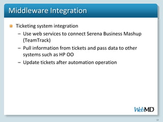 Middleware Integration
  Ticketing system integration
   – Use web services to connect Serena Business Mashup
     (TeamTrack)
   – Pull information from tickets and pass data to other
     systems such as HP OO
   – Update tickets after automation operation




                                                            12
 