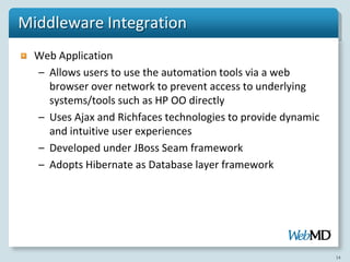 Middleware Integration
  Web Application
  – Allows users to use the automation tools via a web
    browser over network to prevent access to underlying
    systems/tools such as HP OO directly
  – Uses Ajax and Richfaces technologies to provide dynamic
    and intuitive user experiences
  – Developed under JBoss Seam framework
  – Adopts Hibernate as Database layer framework




                                                              14
 