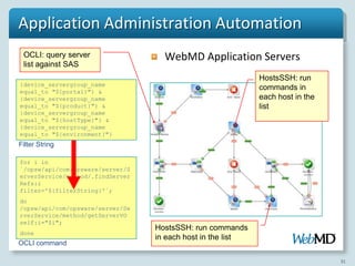 Application Administration Automation
 OCLI: query server                 WebMD Application Servers
 list against SAS
                                                             HostsSSH: run
{device_servergroup_name
equal_to "${portal}"} &
                                                             commands in
{device_servergroup_name                                     each host in the
equal_to "${product}"} &                                     list
{device_servergroup_name
equal_to "${hostType}"} &
{device_servergroup_name
equal_to "${environment}"}
Filter String

for i in
`/opsw/api/com/opsware/server/S
erverService/method/.findServer
Refs:i
filter='${filterString}'`;
do
/opsw/api/com/opsware/server/Se
rverService/method/getServerVO
self:i="$i";
                                  HostsSSH: run commands
done
                                  in each host in the list
OCLI command

                                                                                31
 