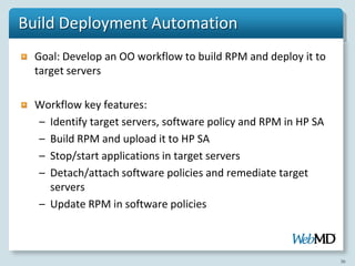 Build Deployment Automation
  Goal: Develop an OO workflow to build RPM and deploy it to
  target servers

  Workflow key features:
  – Identify target servers, software policy and RPM in HP SA
  – Build RPM and upload it to HP SA
  – Stop/start applications in target servers
  – Detach/attach software policies and remediate target
    servers
  – Update RPM in software policies



                                                                36
 