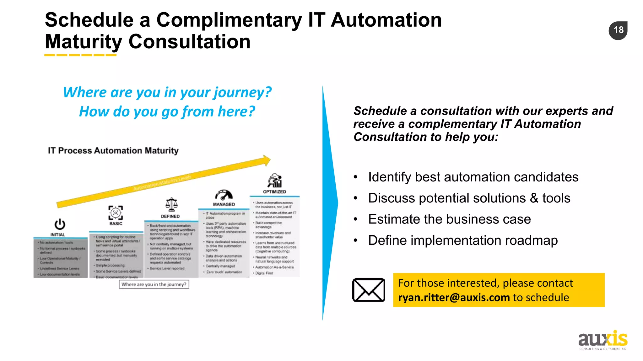 18
Schedule a Complimentary IT Automation
Maturity Consultation
Where are you in your journey?
How do you go from here? Schedule a consultation with our experts and
receive a complementary IT Automation
Consultation to help you:
• Identify best automation candidates
• Discuss potential solutions & tools
• Estimate the business case
• Define implementation roadmap
For those interested, please contact
ryan.ritter@auxis.com to schedule
 
