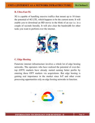 UNIT-1 [INTERNET AS A NETWORK INFRASTRUCTURE]
INFORMATION TECHNOLOGY FOR BUSINESS
B. Ultra Fast 5G
5G is capable of handling massive t
the potential of 4G LTE, which happens to be the current norm. It will
enable you to download an HD movie in the blink of an eye i.e. in a
couple of seconds literally. It will also clear the bandwidth for other
tasks you want to perform over the internet.
C. Edge Hosting
Futuristic internet infrastructure involves a whole lot of edge hosting
networks. The operators who have realized the potential of over
top (OTT) markets have already started earning better profits by
entering these OTT markets via acquisitions. But ed
gaining real importance in the market since IoT and other event
processing opportunities rely on edge hosting networks to function.
1 [INTERNET AS A NETWORK INFRASTRUCTURE]
INFORMATION TECHNOLOGY FOR BUSINESS - II
5G is capable of handling massive traffics that mount up to 10 times
the potential of 4G LTE, which happens to be the current norm. It will
enable you to download an HD movie in the blink of an eye i.e. in a
couple of seconds literally. It will also clear the bandwidth for other
ant to perform over the internet.
Futuristic internet infrastructure involves a whole lot of edge hosting
networks. The operators who have realized the potential of over
top (OTT) markets have already started earning better profits by
entering these OTT markets via acquisitions. But edge hosting is
gaining real importance in the market since IoT and other event
processing opportunities rely on edge hosting networks to function.
1 [INTERNET AS A NETWORK INFRASTRUCTURE] Mr.Chethan.S
Page 15
raffics that mount up to 10 times
the potential of 4G LTE, which happens to be the current norm. It will
enable you to download an HD movie in the blink of an eye i.e. in a
couple of seconds literally. It will also clear the bandwidth for other
Futuristic internet infrastructure involves a whole lot of edge hosting
networks. The operators who have realized the potential of over-the-
top (OTT) markets have already started earning better profits by
ge hosting is
gaining real importance in the market since IoT and other event
processing opportunities rely on edge hosting networks to function.
 
