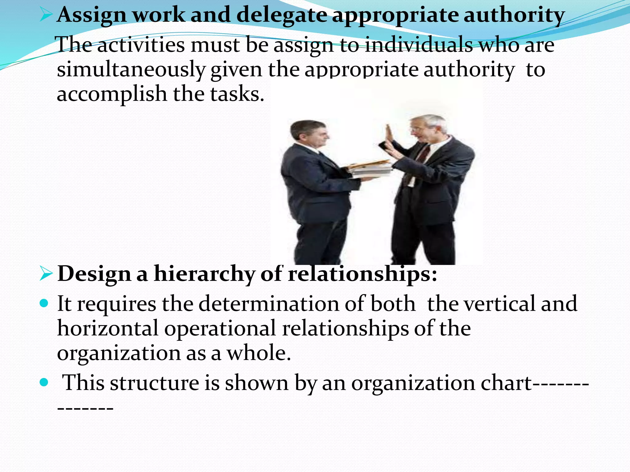 Assign work and delegate appropriate authority
The activities must be assign to individuals who are
simultaneously given the appropriate authority to
accomplish the tasks.
Design a hierarchy of relationships:
 It requires the determination of both the vertical and
horizontal operational relationships of the
organization as a whole.
 This structure is shown by an organization chart-------
-------
 