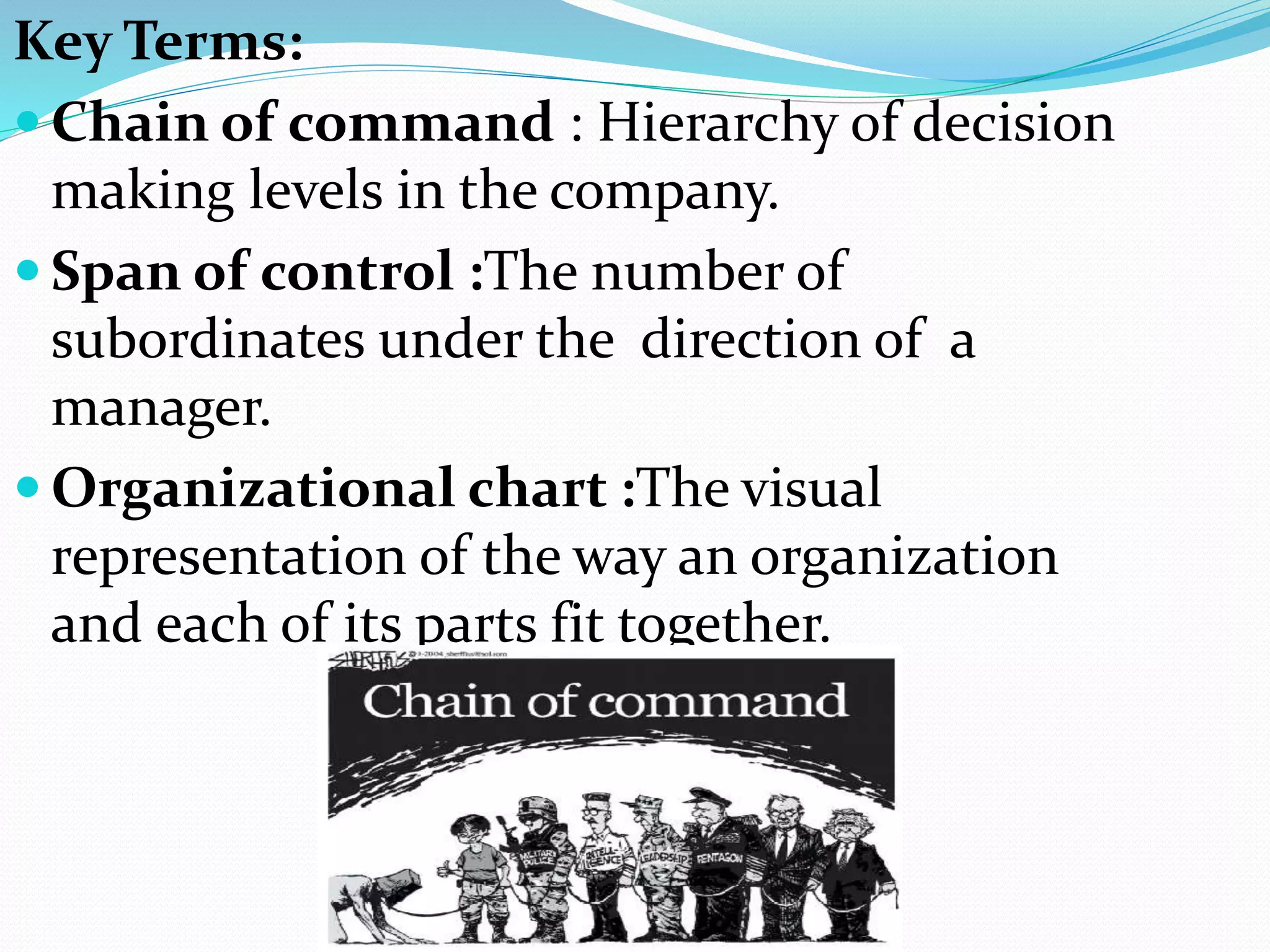Key Terms:
 Chain of command : Hierarchy of decision
making levels in the company.
 Span of control :The number of
subordinates under the direction of a
manager.
 Organizational chart :The visual
representation of the way an organization
and each of its parts fit together.
 