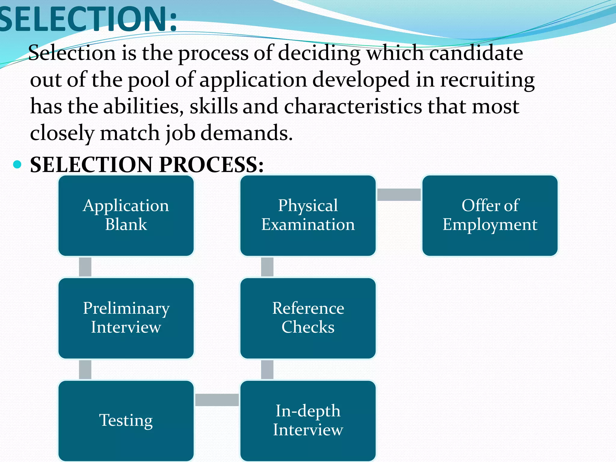 SELECTION:
Selection is the process of deciding which candidate
out of the pool of application developed in recruiting
has the abilities, skills and characteristics that most
closely match job demands.
 SELECTION PROCESS:
Application
Blank
Preliminary
Interview
Testing
In-depth
Interview
Reference
Checks
Physical
Examination
Offer of
Employment
 