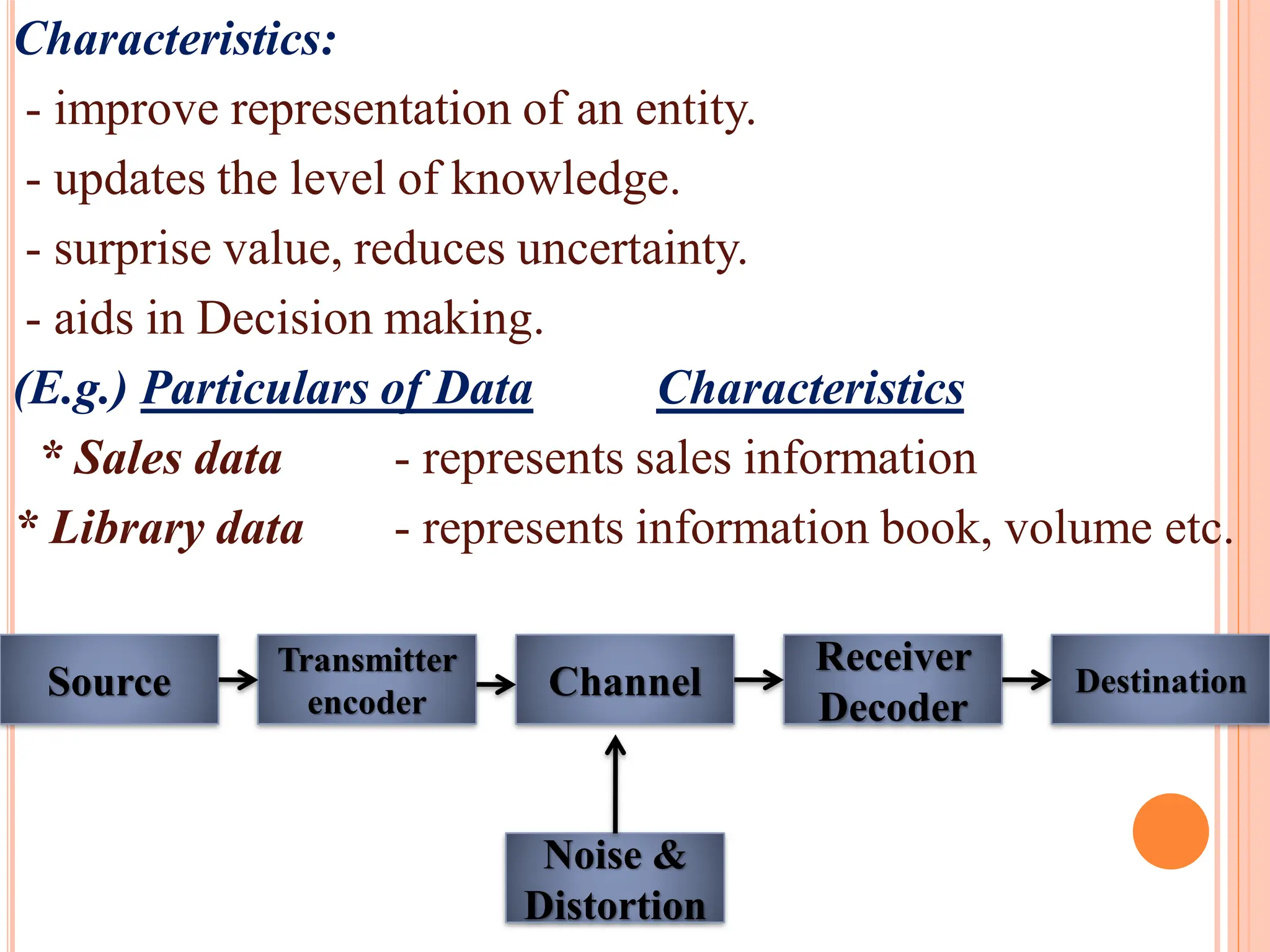 Characteristics:
- improve representation of an entity.
- updates the level of knowledge.
- surprise value, reduces uncertainty.
- aids in Decision making.
(E.g.) Particulars of Data Characteristics
* Sales data - represents sales information
* Library data - represents information book, volume etc.
Source
Transmitter
encoder
Noise &
Distortion
Channel
Receiver
Decoder
Destination
 