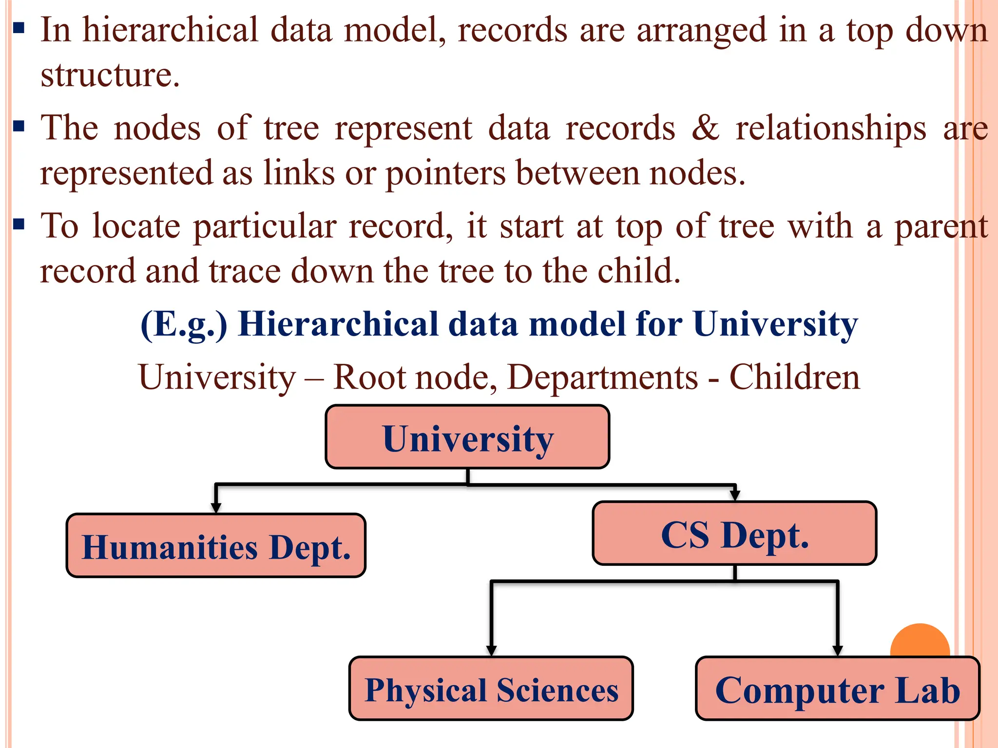  In hierarchical data model, records are arranged in a top down
structure.
 The nodes of tree represent data records & relationships are
represented as links or pointers between nodes.
 To locate particular record, it start at top of tree with a parent
record and trace down the tree to the child.
(E.g.) Hierarchical data model for University
University – Root node, Departments - Children
University
Humanities Dept. CS Dept.
Physical Sciences Computer Lab
 