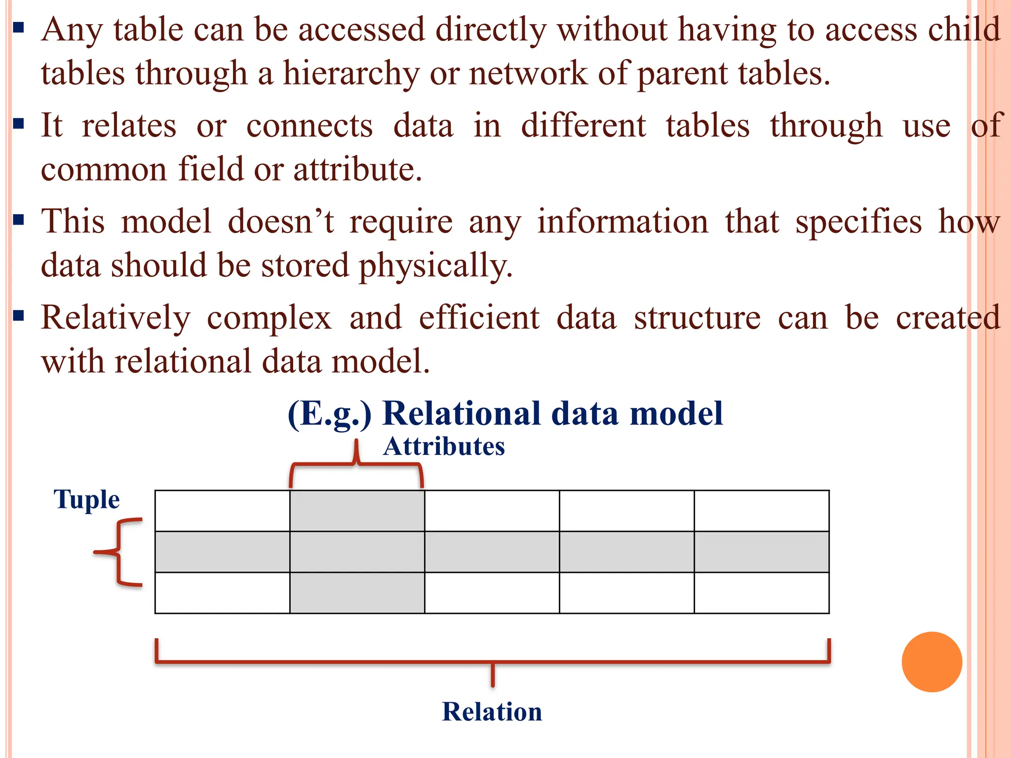  Any table can be accessed directly without having to access child
tables through a hierarchy or network of parent tables.
 It relates or connects data in different tables through use of
common field or attribute.
 This model doesn’t require any information that specifies how
data should be stored physically.
 Relatively complex and efficient data structure can be created
with relational data model.
(E.g.) Relational data model
Attributes
Tuple
Relation
 