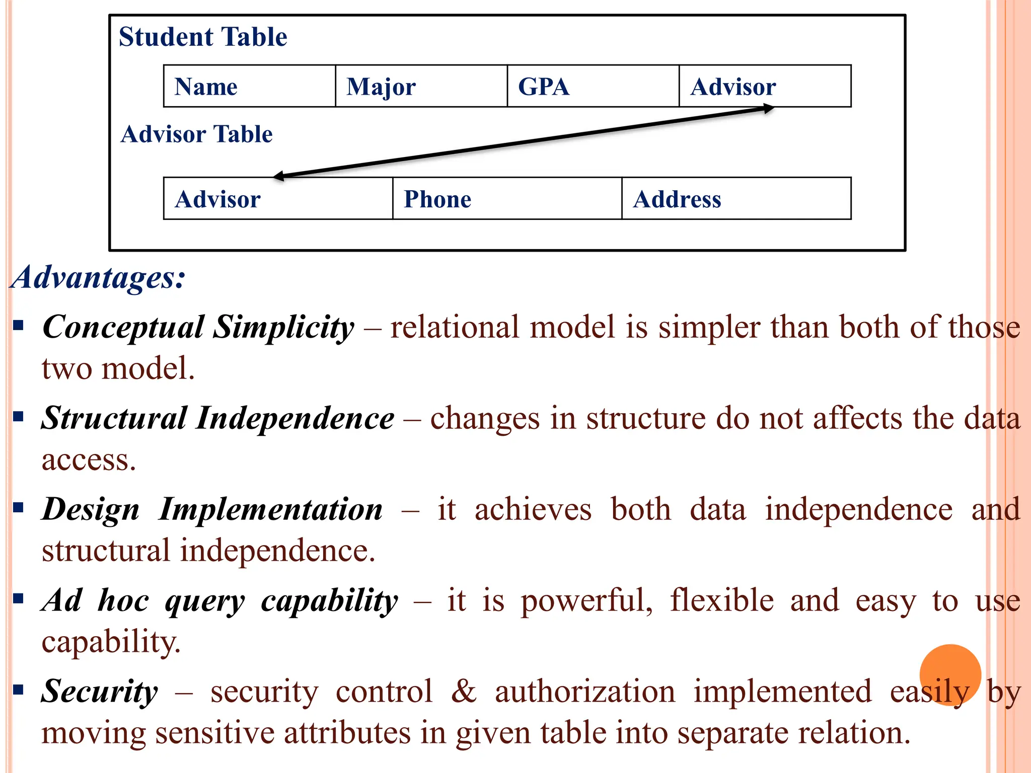 Advantages:
 Conceptual Simplicity – relational model is simpler than both of those
two model.
 Structural Independence – changes in structure do not affects the data
access.
 Design Implementation – it achieves both data independence and
structural independence.
 Ad hoc query capability – it is powerful, flexible and easy to use
capability.
 Security – security control & authorization implemented easily by
moving sensitive attributes in given table into separate relation.
Advisor Table
Name Major GPA Advisor
Advisor Phone Address
Student Table
 
