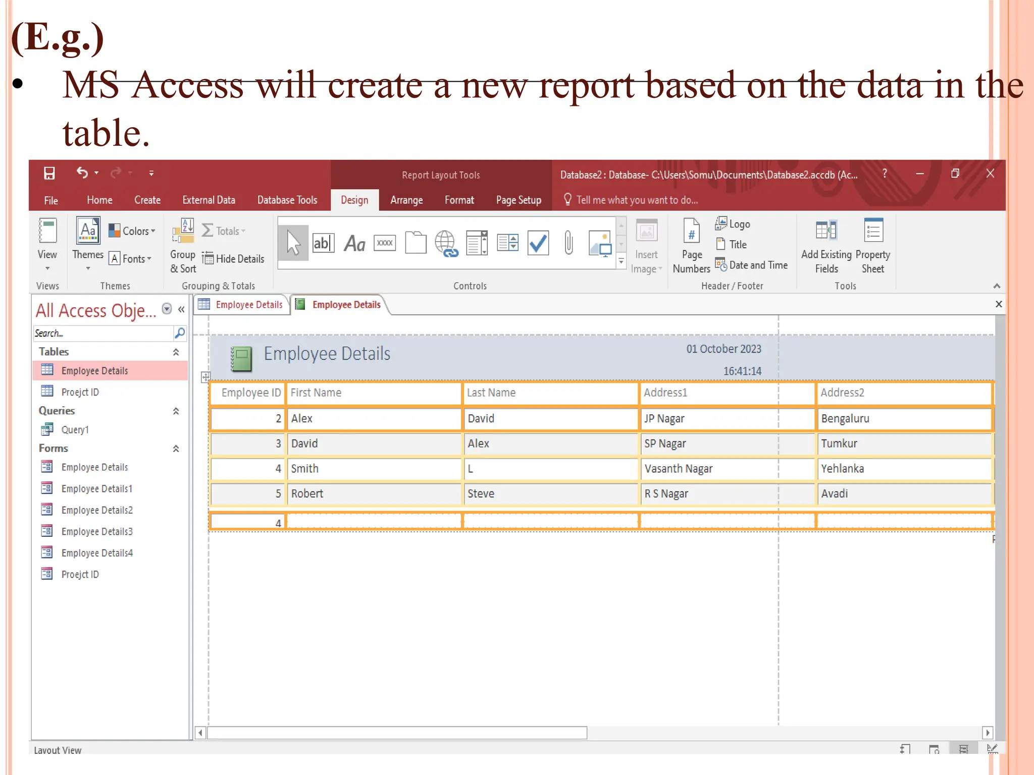 (E.g.)
• MS Access will create a new report based on the data in the
table.
 