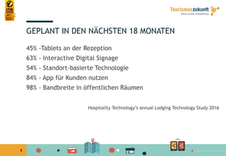 8
GEPLANT IN DEN NÄCHSTEN 18 MONATEN
45% -Tablets an der Rezeption
63% - Interactive Digital Signage
54% - Standort-basierte Technologie
84% - App für Kunden nutzen
98% - Bandbreite in öffentlichen Räumen
Hospitality Technology’s annual Lodging Technology Study 2016
 