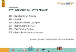 9
TECHNOLOGIE IM HOTELZIMMER
89% - Bandbreite im Zimmer
99% - W-LAN
49% - Mobile Schlüssel-Lösungen
57% - Room Control Geräte
56% - VoIP-Telefon-System
20% - iPad / Tablet im Hotelzimmer
Hospitality Technology’s annual Lodging Technology Study 2016
 