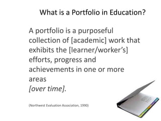 What is a Portfolio in Education?
A portfolio is a purposeful
collection of [academic] work that
exhibits the [learner/worker’s]
efforts, progress and
achievements in one or more
areas
[over time].
(Northwest Evaluation Association, 1990)
 