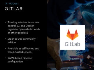 G I T L A B
• Turn-key solution for source
control, CI, and Docker
registries ( plus whole bunch
of other goodies )
• Open source community
edition
• Available as self-hosted and
cloud-hosted service.
• YAML-based pipeline
configuration
I N F O C U S :
 