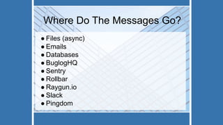 Where Do The Messages Go?
● Files (async)
● Emails
● Databases
● BuglogHQ
● Sentry
● Rollbar
● Raygun.io
● Slack
● Pingdom
 